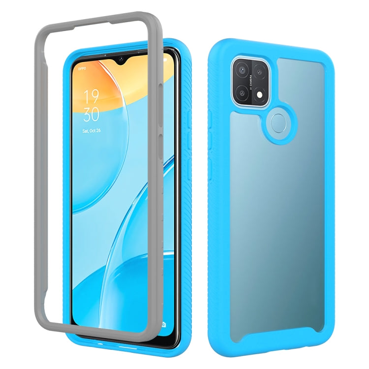 Shockproof phone case with light blue back and black TPU bumper; camera cutout included