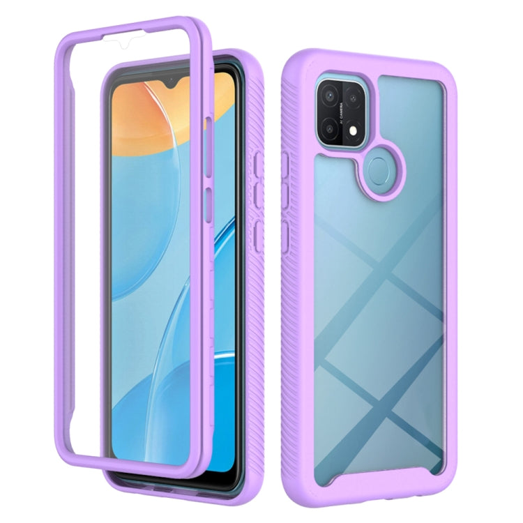 Purple shockproof phone case with blue geometric back and ring detail, camera cutout