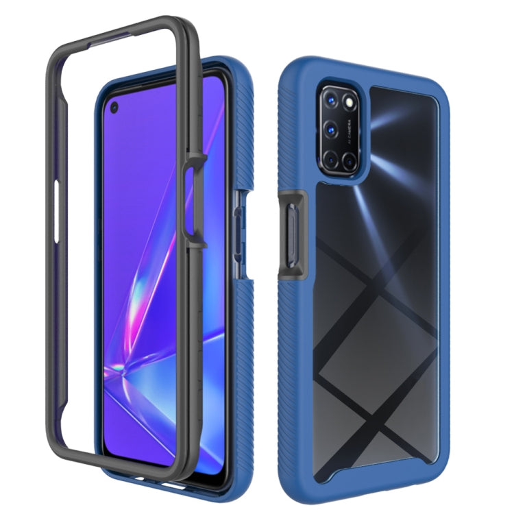 Shockproof phone case with blue TPU bumper and purple screen window; rear camera cutout