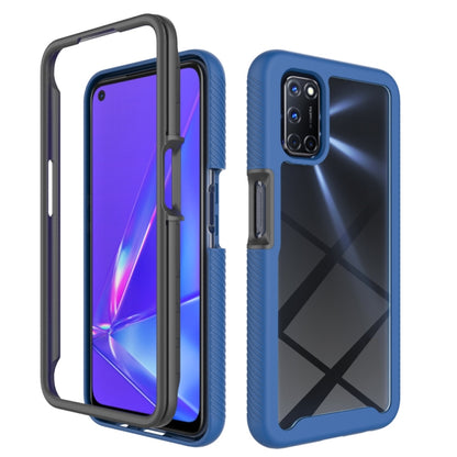 Shockproof phone case with blue TPU bumper and purple screen window; rear camera cutout