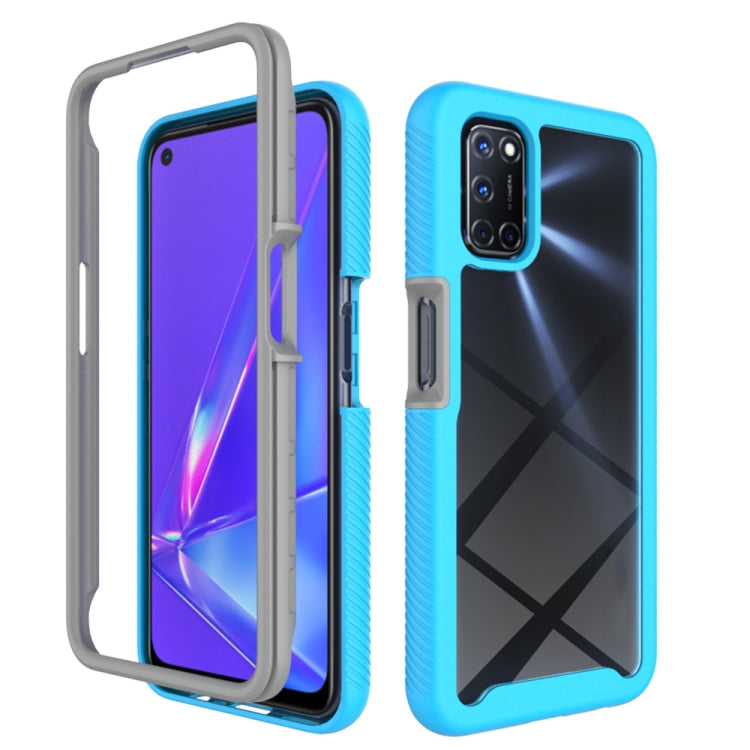 Sky blue shockproof phone case with gray bumper, textured side grip, camera cutout