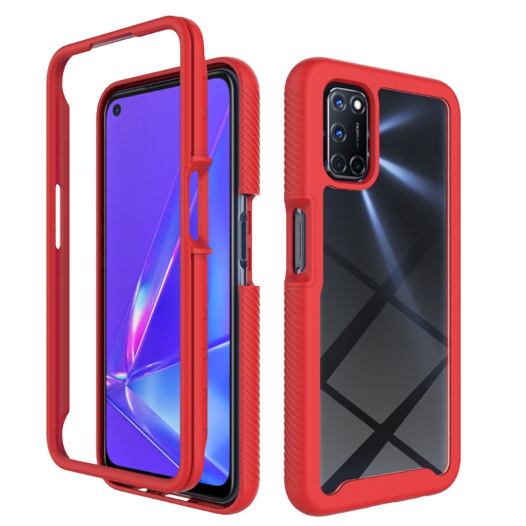 Red shockproof phone case with rugged bumper corners and textured grip, camera cutout