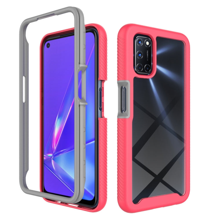 Gray and pink shockproof phone case with textured side grips, camera cutout