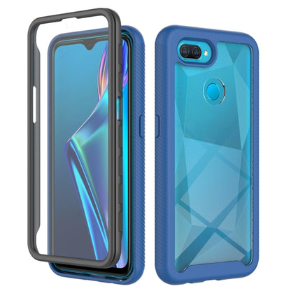 Shockproof phone case with blue back and black TPU bumper; ring holder on rear