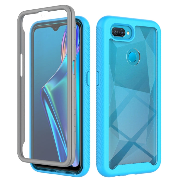 Light blue shockproof case with gray bumper and geometric back texture, camera cutout