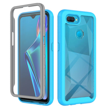 Light blue shockproof case with gray bumper and geometric back texture, camera cutout