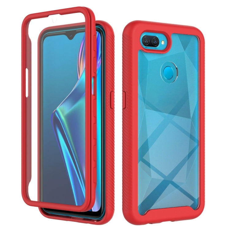 Red shockproof phone case with light blue geometric back, camera cutout