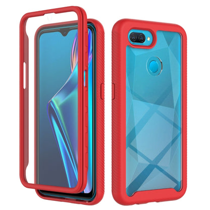 Red shockproof phone case with light blue geometric back, camera cutout