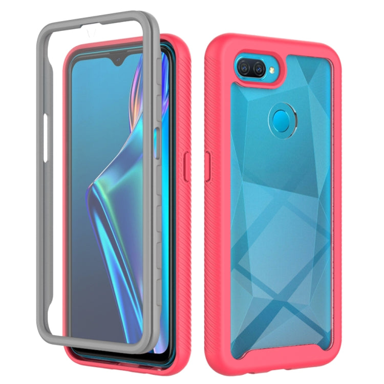 Pink shockproof phone case with gray bumper and blue geometric back, camera cutout