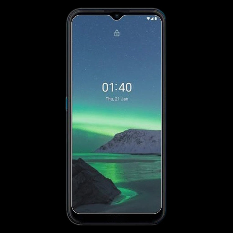 Nokia 1.4 phone with clear tempered glass screen protector installed, smooth 2.5D fit