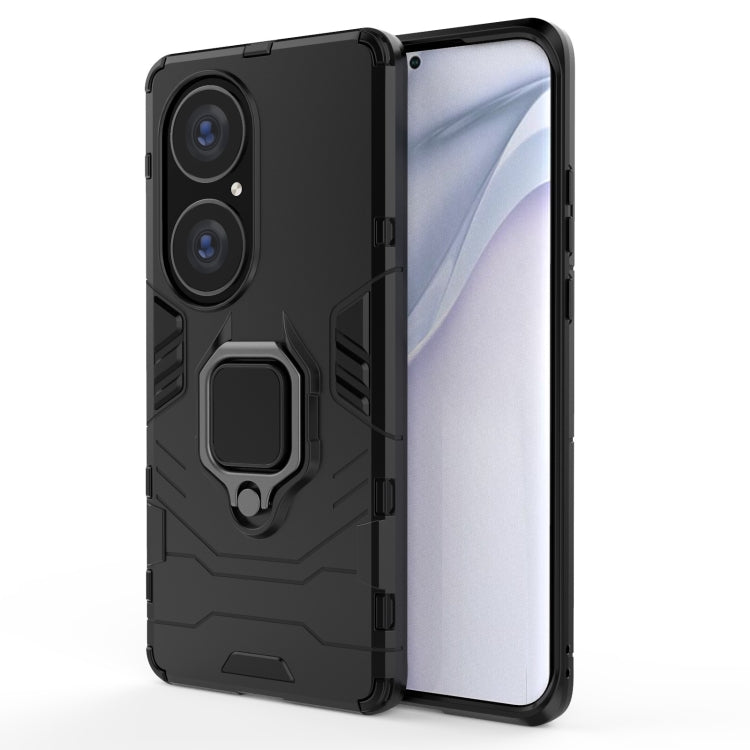 Black shockproof phone case with magnetic ring holder and raised camera guards
