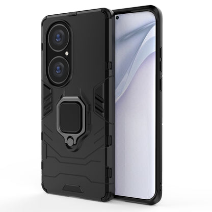 Black shockproof phone case with magnetic ring holder and raised camera guards