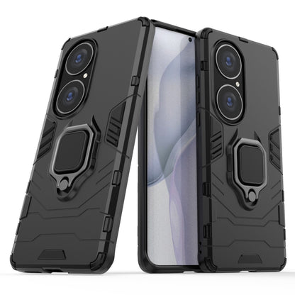 Black shockproof phone case with magnetic ring holder, dual camera protection
