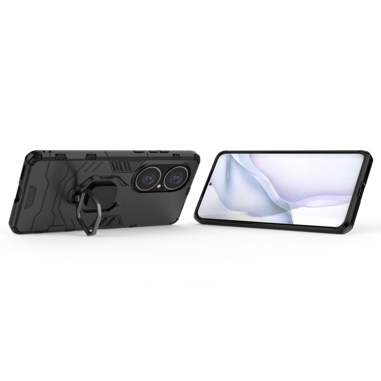 Black shockproof phone case with magnetic ring holder and raised camera cutouts