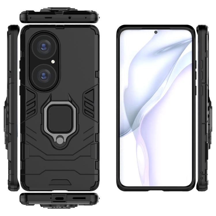 Black shockproof phone case with magnetic ring holder, open frame and back shown