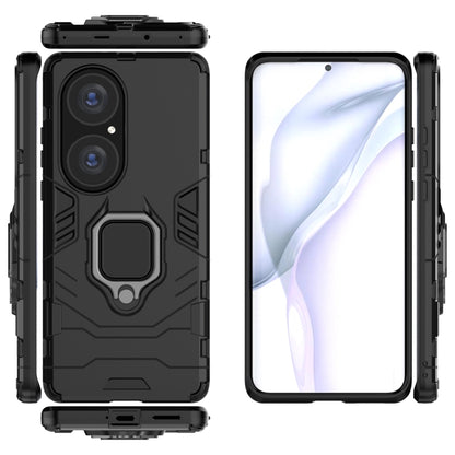 Black shockproof phone case with magnetic ring holder, open frame and back shown