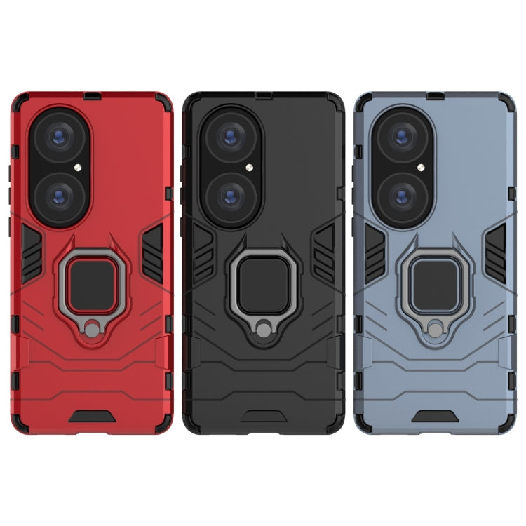 Shockproof phone cases in red, black, and blue with magnetic ring holder