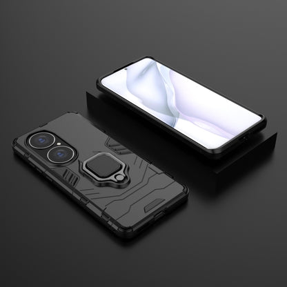 Black shockproof phone case with magnetic ring holder and camera cutouts