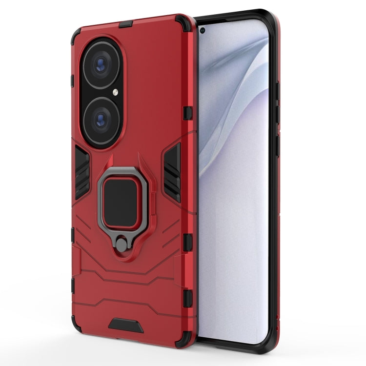 Red shockproof phone case with magnetic ring holder and raised camera guards