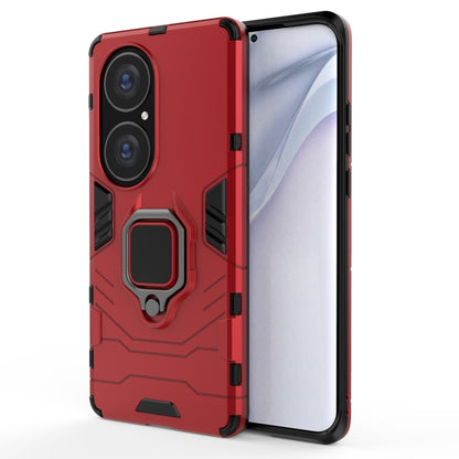 Red shockproof phone case with magnetic ring holder and raised camera guards