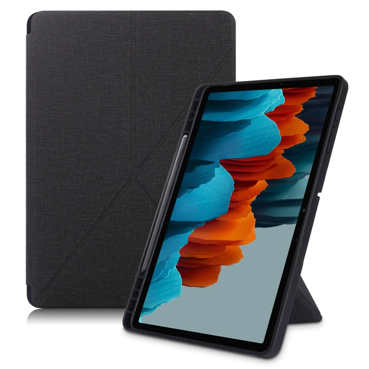 Black textured PU leather tablet case with front cover and kickstand, front-facing view