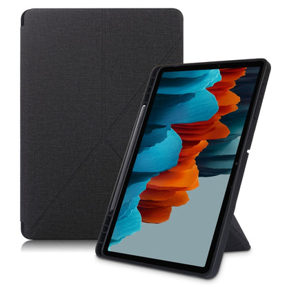 Black textured PU leather tablet case with front cover and kickstand, front-facing view