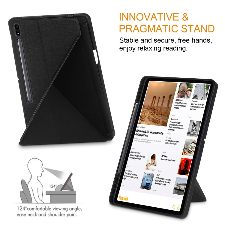 Black folio-style PU leather tablet case with adjustable viewing stand