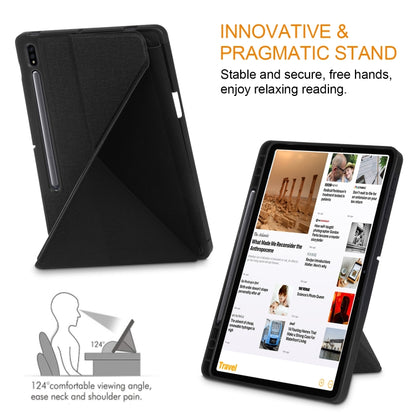 Black folio-style PU leather tablet case with adjustable viewing stand