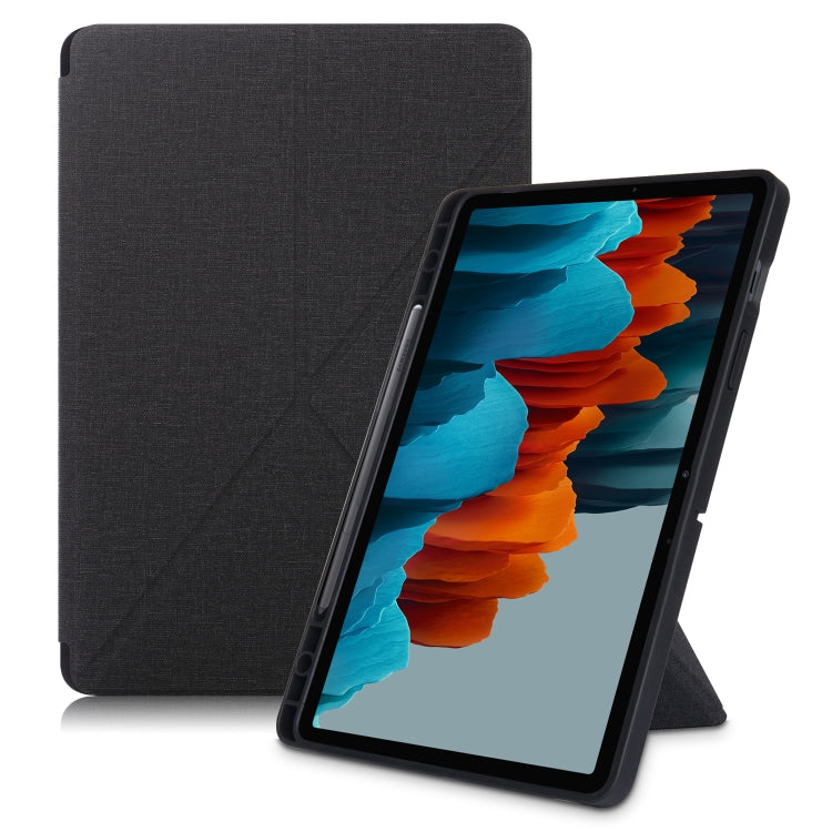 Black textured PU leather tablet case with horizontal flip stand, front view