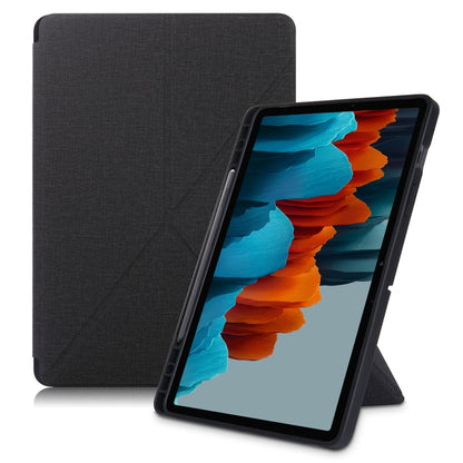 Black textured PU leather tablet case with horizontal flip stand, front view