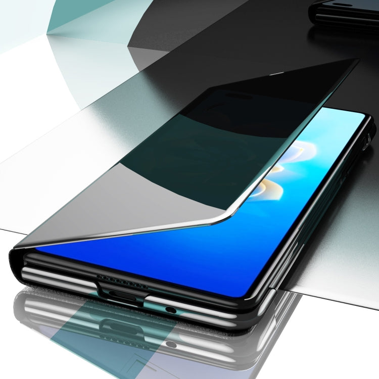 Blue mirror protective phone case with fold stand, showing side edges and ports