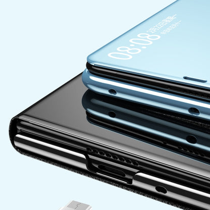 Blue mirror protective phone case with cutouts along the bottom edge