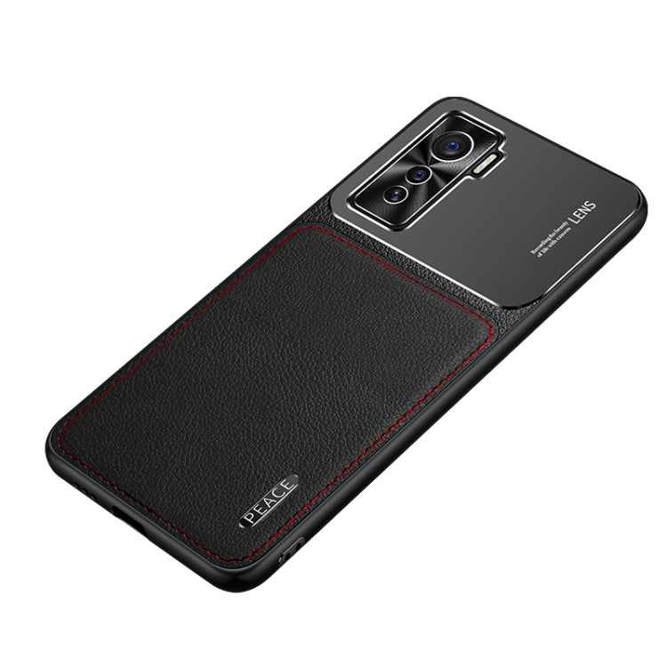 Protective phone case with frosted metal top and black leather-texture back, red trim