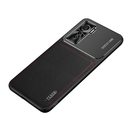 Protective phone case with frosted metal top and black leather-texture back, red trim