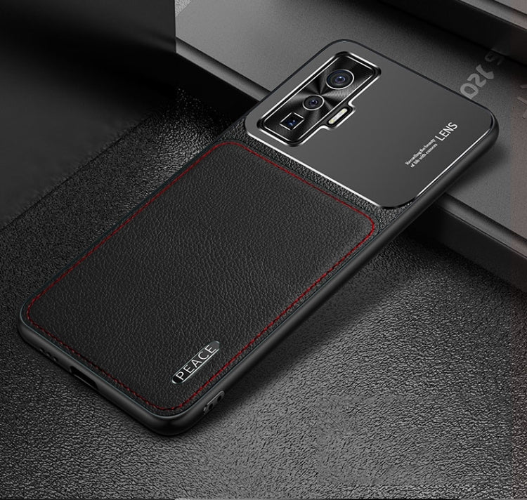 Protective phone case with black leather-texture panel, frosted metal camera area, red edge