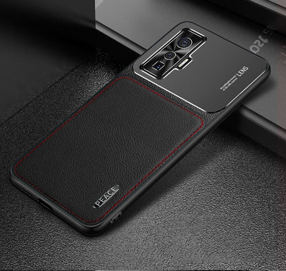 Protective phone case with black leather-texture panel, frosted metal camera area, red edge