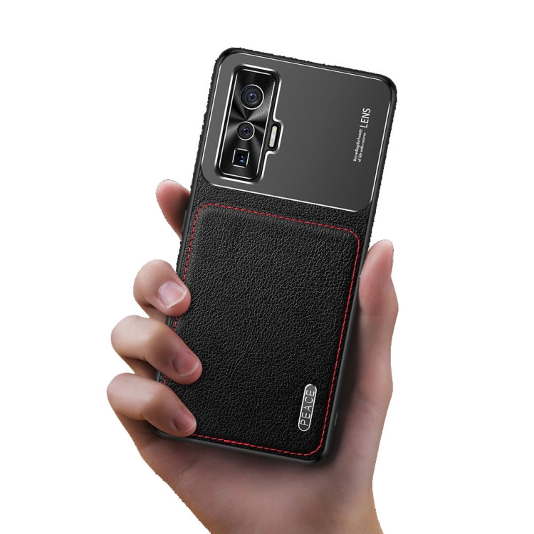 Black leather-texture protective phone case with frosted metal camera cover and red stitching