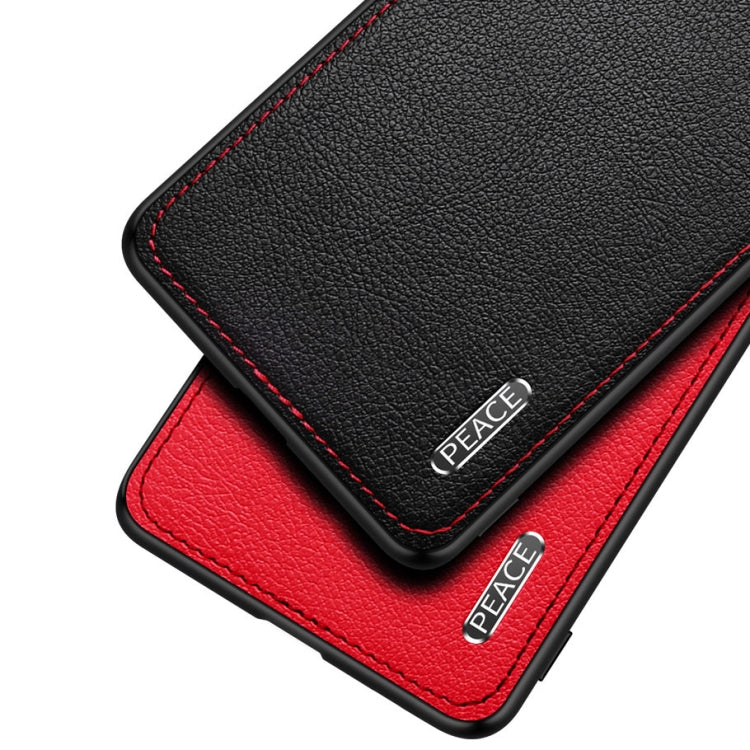 Close-up protective phone case: black leather-texture back with red stitching and accent panel