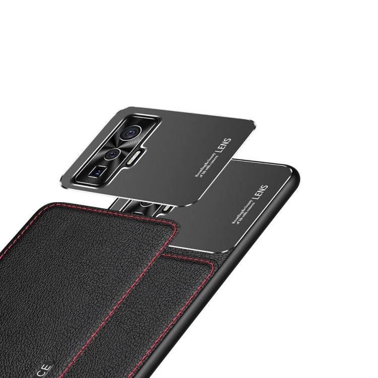Protective phone case with leather-texture panel and frosted metal back; camera cutout