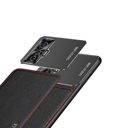 Protective phone case with leather-texture panel and frosted metal back; camera cutout
