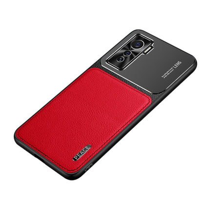 Protective phone case with frosted metal camera top and red leather-texture back