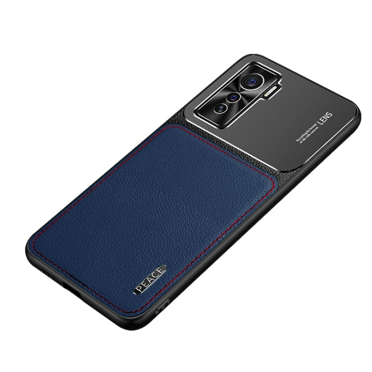 Protective phone case with frosted metal camera top and blue leather-texture back