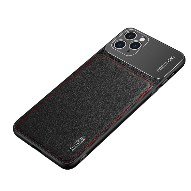 Black leather-texture protective phone case with frosted metal camera area and red trim