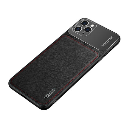 Black leather-texture protective phone case with frosted metal camera area and red trim