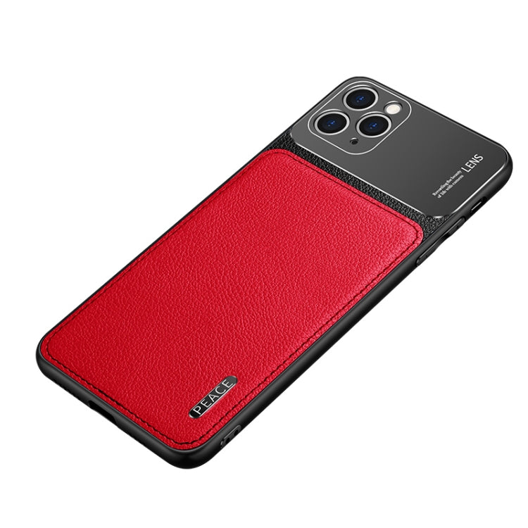 Leather-texture protective phone case with frosted metal panel, red with camera cutouts