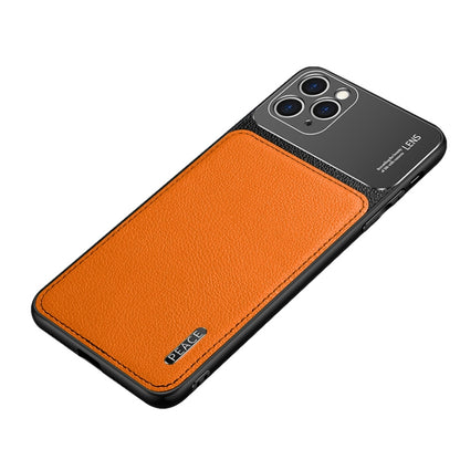 Leather-texture protective phone case with frosted metal panel, orange with camera cutouts