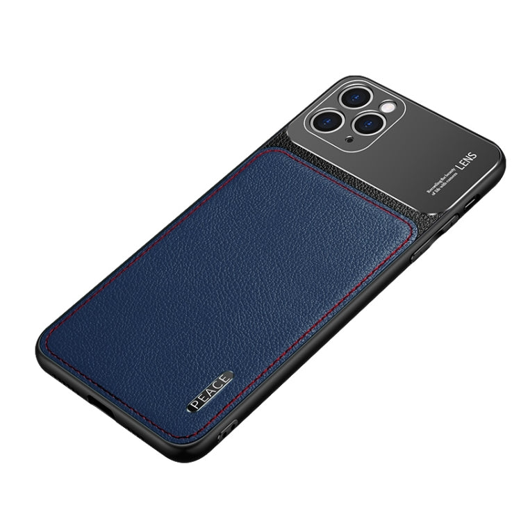 Leather-texture protective phone case with frosted metal panel, blue with camera cutouts
