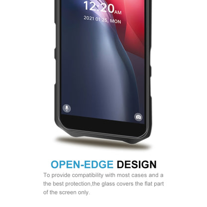 Tempered glass screen protector film with open-edge design covering flat screen area