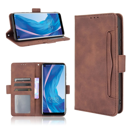 Brown leather flip phone case with card slots and side holder; cover closed.