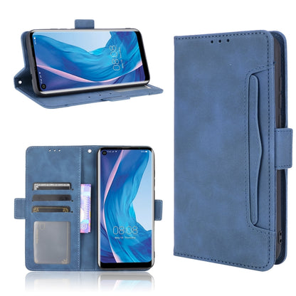 Blue flip leather phone case with card slots and built-in photo/holder window.